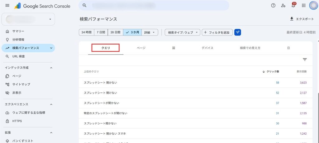 Google Search Consoleの検索パフォーマンス画面のクエリ